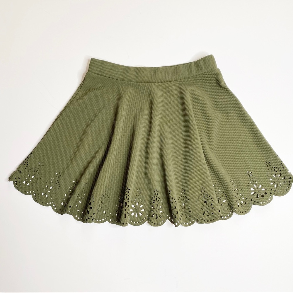 Olive Green L Boho Laser Cut Circle Skirt